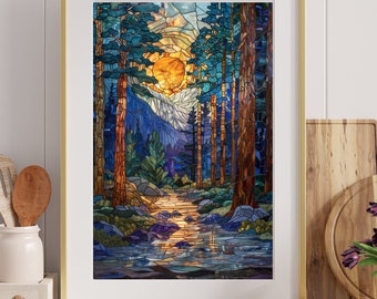 May include: A stained glass style artwork depicting a forest scene with a sun setting behind the trees and a stream flowing through the centre of the image.