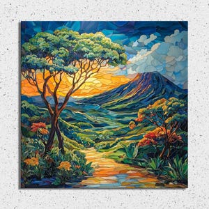 May include: A stained glass style painting of a mountain landscape with a winding path leading to a mountain peak. The painting features a large tree in the foreground, a vibrant sunset sky, and lush green foliage.
