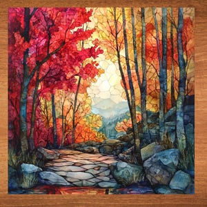 May include: A watercolor painting of a forest path with red, orange, and yellow trees. The path is made of stones and leads to a distant mountain range. The painting has a stained glass effect.