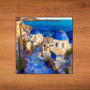 Santorini Greece wall art, blue domed churches print, Mediterranean coastal scene decor, vibrant stained glass effect artwork