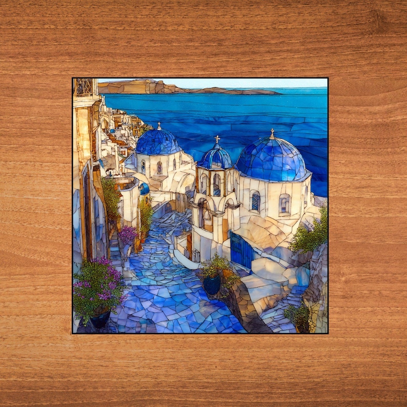Santorini Greece wall art, blue domed churches print, Mediterranean coastal scene decor, vibrant stained glass effect artwork