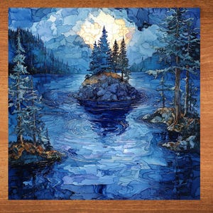 May include: A painting of a small island with trees in a blue lake. The sky is a light blue with white clouds. The water is a deep blue with swirls and ripples.