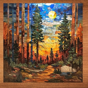 May include: A mosaic artwork depicting a forest scene with tall trees, a winding path, and a bright yellow moon in the sky. The mosaic is made of small, colorful glass tiles.