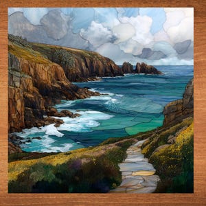 May include: A mosaic artwork depicting a coastal scene with a stone path leading down to a rocky coastline and a blue ocean with white waves. The sky is cloudy and blue.