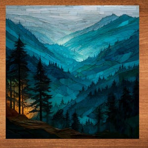 May include: A painting of a mountain range with a blue and green color scheme. The mountains are covered in trees and the sky is a light blue. The painting is done in a style that resembles stained glass.