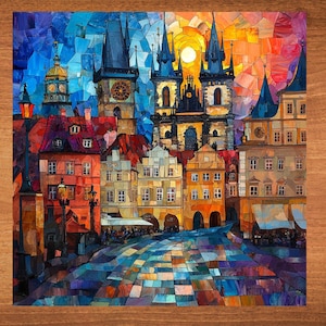 May include: A mosaic artwork depicting a cityscape with colorful buildings and a cobblestone street. The buildings are in a European style with pointed roofs and tall towers. The sun is setting in the background, casting a warm glow over the scene.
