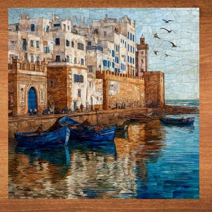 May include: A painting of a colorful cityscape with a harbor and boats. The buildings are white with blue accents and the water is a deep blue. The sky is a light blue with white clouds. There are birds flying in the sky.