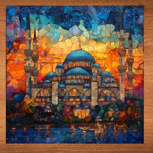 May include: A mosaic painting of the Hagia Sophia mosque in Istanbul, Turkey. The mosque is depicted in a blue and gold color scheme with a starry night sky above. The painting is framed in a wooden frame.