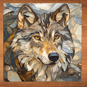 May include: A close-up of a wolf's face, rendered in a mosaic style using various shades of brown, tan, and gray. The wolf's eyes are a bright amber color, and its fur is detailed with intricate patterns.
