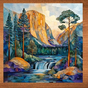 May include: A colorful, abstract painting of a mountain range with a waterfall flowing into a lake. The painting is done in a mosaic style, with many small, colorful pieces of glass or tile.