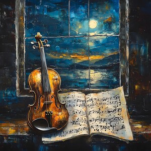 May include: A wooden violin with a dark brown finish rests next to an open book of sheet music. The scene is set against a window displaying a night landscape with a full moon reflecting over a body of water, rendered in thick, textured brushstrokes.