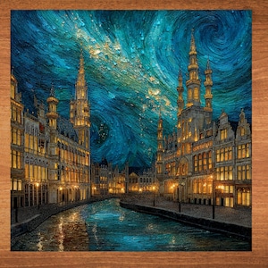 May include: A painting of a city skyline at night with a swirling blue sky and stars. The buildings are lit up with warm yellow lights and reflect in the water of a canal.