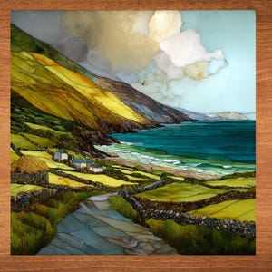 May include: A colorful stained glass artwork depicting a coastal scene with a winding road leading to a small village nestled in a green valley. The scene features a blue ocean with white waves crashing on a sandy beach, a rocky cliff, and a cloudy sky.