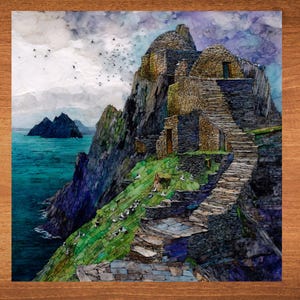 May include: A watercolor painting of a stone building on a cliff overlooking a body of water. The building is made of stacked stones and has a thatched roof. There are birds flying in the sky and a few seagulls on the ground.