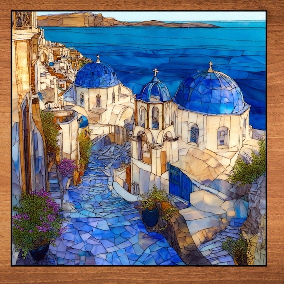 Oia Santorini Greece Ceramic Art Tile Wall Decor Size from 4 to 12 inches Bookshelf Gift for Travel Lover