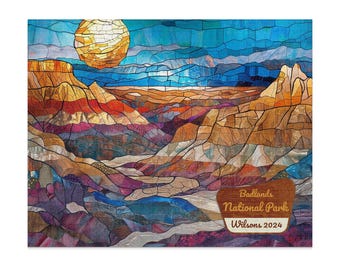 Rompecabezas del Parque Nacional Badlands, con un hermoso diseño de vidriera, ideal para amantes de la naturaleza, aficionados a los parques nacionales y para toda la familia.