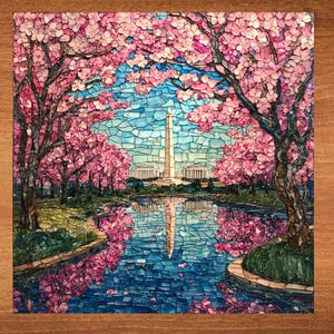DC Cherry Blooms Ceramic Art Tile Beautiful Vista Gift for Traveler Nature Lover Bookshelf Decor Wall Art