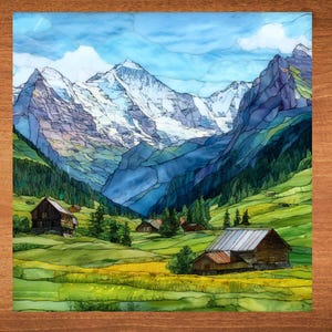 May include: A painting of a mountain landscape with snow-capped peaks, green valleys, and small wooden houses. The sky is blue with white clouds.