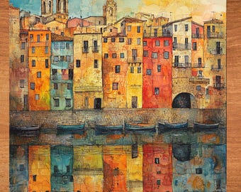 Girona River Spain Ceramic Art Tile Wall Decor Gift for Spanish Lover Travel Art World Vista Wall Art
