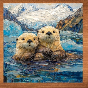 Sea Otters Glacier Bay Ceramic Art Tile Beautiful Vista Gift for Traveler Nature Lover Bookshelf Decor Wall Art image 1