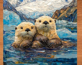 Sea Otters Glacier Bay Ceramic Art Tile Beautiful Vista Gift for Traveler Nature Lover Bookshelf Decor Wall Art