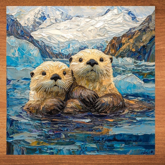 Sea Otters Glacier Bay Ceramic Art Tile Beautiful Vista Gift for Traveler Nature Lover Bookshelf Decor Wall Art