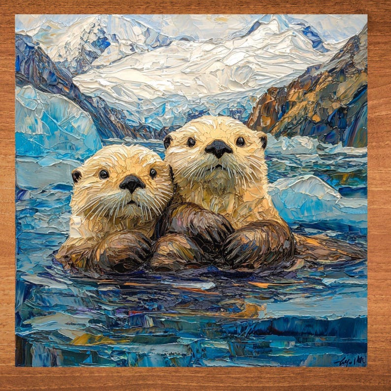 Sea Otters Glacier Bay Ceramic Art Tile Beautiful Vista Gift for Traveler Nature Lover Bookshelf Decor Wall Art image 1