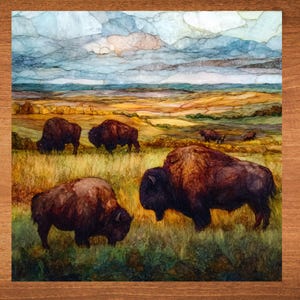 May include: An artistic rendering of bison grazing in a field under a cloudy sky. The artwork features several brown bison with dark heads and shaggy fur, set against a backdrop of yellow and green grasslands and a blue and white sky.