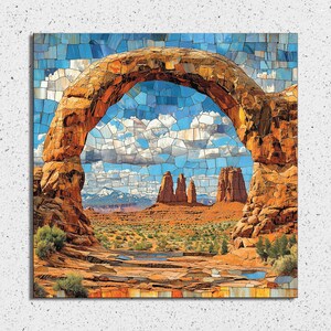 May include: A mosaic-style image of a natural sandstone arch in a desert landscape. The arch is made up of many small, colorful tiles. The sky is blue with white clouds. There are mountains in the distance.