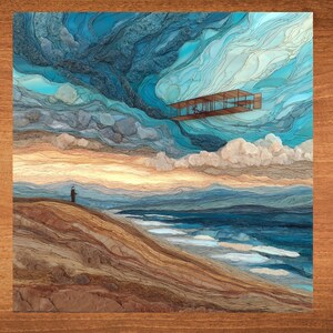 May include: A wood marquetry artwork depicting a landscape with a single figure standing on a hill overlooking a body of water. A small airplane flies above the clouds in the sky.