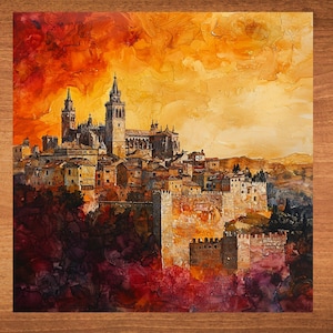 May include: A watercolor painting of a city skyline with a large cathedral in the center. The sky is a vibrant orange and yellow, and the buildings are a mix of browns and yellows. The city is surrounded by a wall, and there are trees in the foreground.