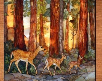 May include: A stained glass panel depicting a forest scene with three deer. The artwork features tall, reddish-brown trees and a warm, golden light filtering through the canopy. The deer are shades of brown and tan, with one fawn spotted. The panel is framed in a wooden border.