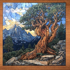 May include: A painting of a gnarled, twisted tree with a thick trunk and branches reaching towards the sky. The tree is set against a backdrop of a mountain range with a blue sky and white clouds. The painting is done in a style that resembles stained glass.