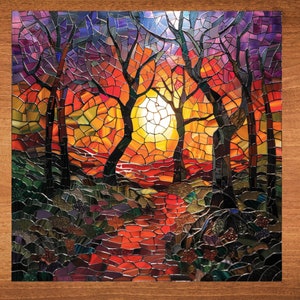 May include: A stained glass mosaic depicting a sunset scene with trees. The artwork features a vibrant color palette of orange, red, purple, and green. The mosaic is framed in a wooden border, showcasing a path leading towards the setting sun.