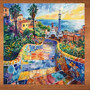 May include: A watercolor painting of a colorful mosaic staircase leading up to a building with a cross on top. The building is surrounded by lush greenery and a blue ocean in the background.