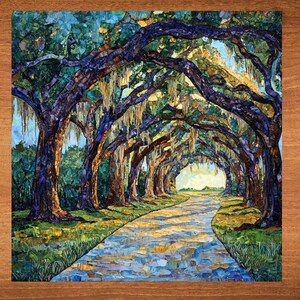 May include: A mosaic artwork depicting a path lined with trees, featuring a blue, green, and yellow color scheme. The trees have long, hanging branches, creating a canopy over the path. The path is made of small, colorful tiles, creating a textured surface.