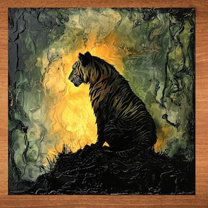 May include: A black silhouette of a tiger sitting on a rock with a yellow and green background. The tiger is facing to the left and has a striped pattern.