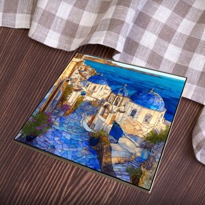 Santorini Greece Mosaic Art, Mediterranean Decor, Blue Dome Church, Coastal Wall Art, Greek Island Tile, Scenic Travel Artwork