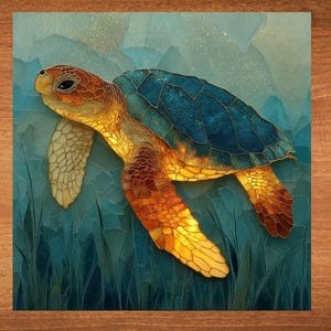 May include: A stained glass sea turtle with a blue shell and orange and yellow accents. The turtle is swimming in a blue and green seagrass background.