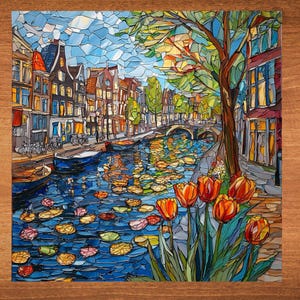 May include: A colorful painting of a canal in Amsterdam, Netherlands. The canal is lined with traditional brick buildings and trees. The water is blue and there are lily pads floating on the surface. There are red tulips in the foreground.