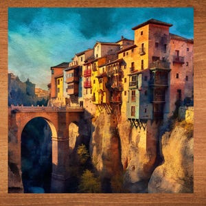 May include: A watercolor painting of a village built into a cliffside with a stone bridge in the foreground. The buildings are colorful and have balconies. The sky is blue with clouds.