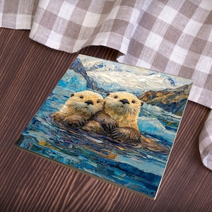 Sea Otters Glacier Bay Ceramic Art Tile Beautiful Vista Gift for Traveler Nature Lover Bookshelf Decor Wall Art image 3