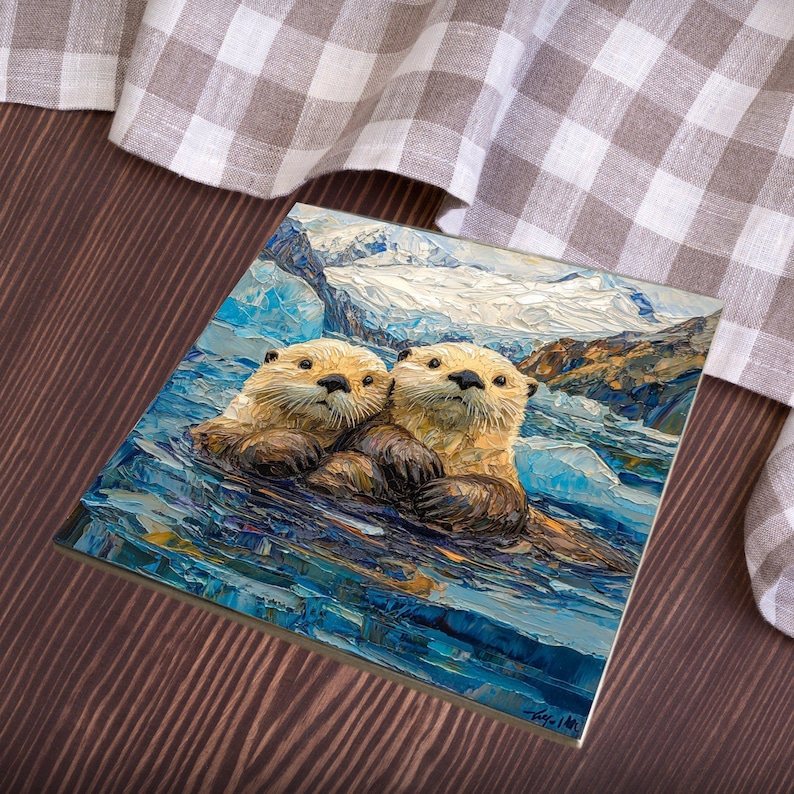 Sea Otters Glacier Bay Ceramic Art Tile Beautiful Vista Gift for Traveler Nature Lover Bookshelf Decor Wall Art image 3