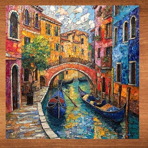 May include: A painting of a colorful canal scene in Venice, Italy. The painting features a bridge over a canal with gondolas floating on the water. The buildings on either side of the canal are painted in bright colors, including yellow, red, blue, and green.