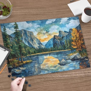 Yosemite National Park Puzzle, 1000 Pieces Gift for Nature Lover Artful Stained Glass Look Park Wall Art