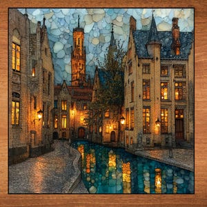 May include: A painting of a canal in a European city at night. The buildings are brick and have many windows. The canal is reflecting the lights of the buildings. The sky is a dark blue with a few clouds.