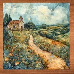 May include: A watercolor painting of a stone chapel with a red tile roof on a hilltop. A winding path leads up to the chapel, and there are rolling hills in the background. The sky is a light blue with white clouds and a bright moon.