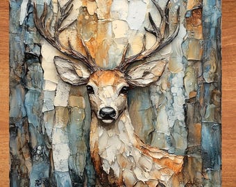 May include: A textured painting of a deer with large antlers, set against a background of blue, brown, and white brushstrokes.
