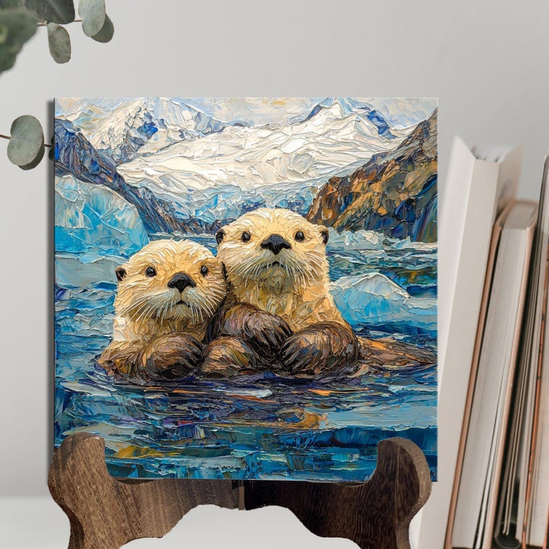 Sea Otters Glacier Bay Ceramic Art Tile Beautiful Vista Gift for Traveler Nature Lover Bookshelf Decor Wall Art image 8