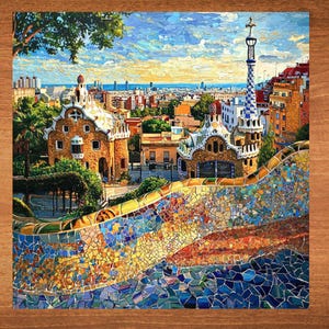 May include: A colorful mosaic tiled bench with a view of a city skyline and a park with buildings in the background. The bench is made of small, colorful tiles in a variety of shapes and sizes. The buildings in the background are a mix of modern and traditional styles.
